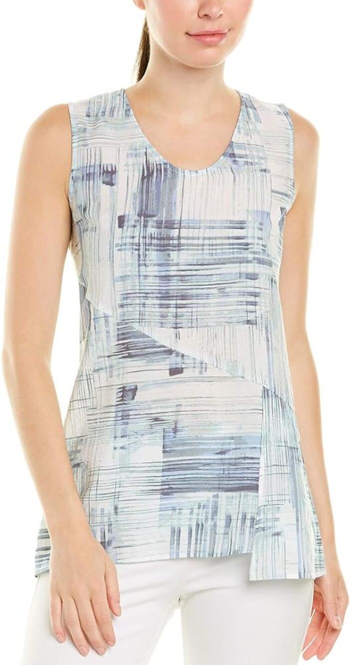 NIC+ZOE Shoreline Grid Tank Petite Large Blue Multi Abstract Sleeveless Top NWT